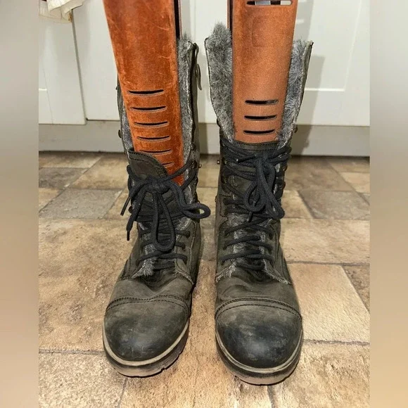 CUDDLE-F Leather Combat Boots 8.5M Fur Lined Lace Up Mid Calf Gray - Picture 4 of 7